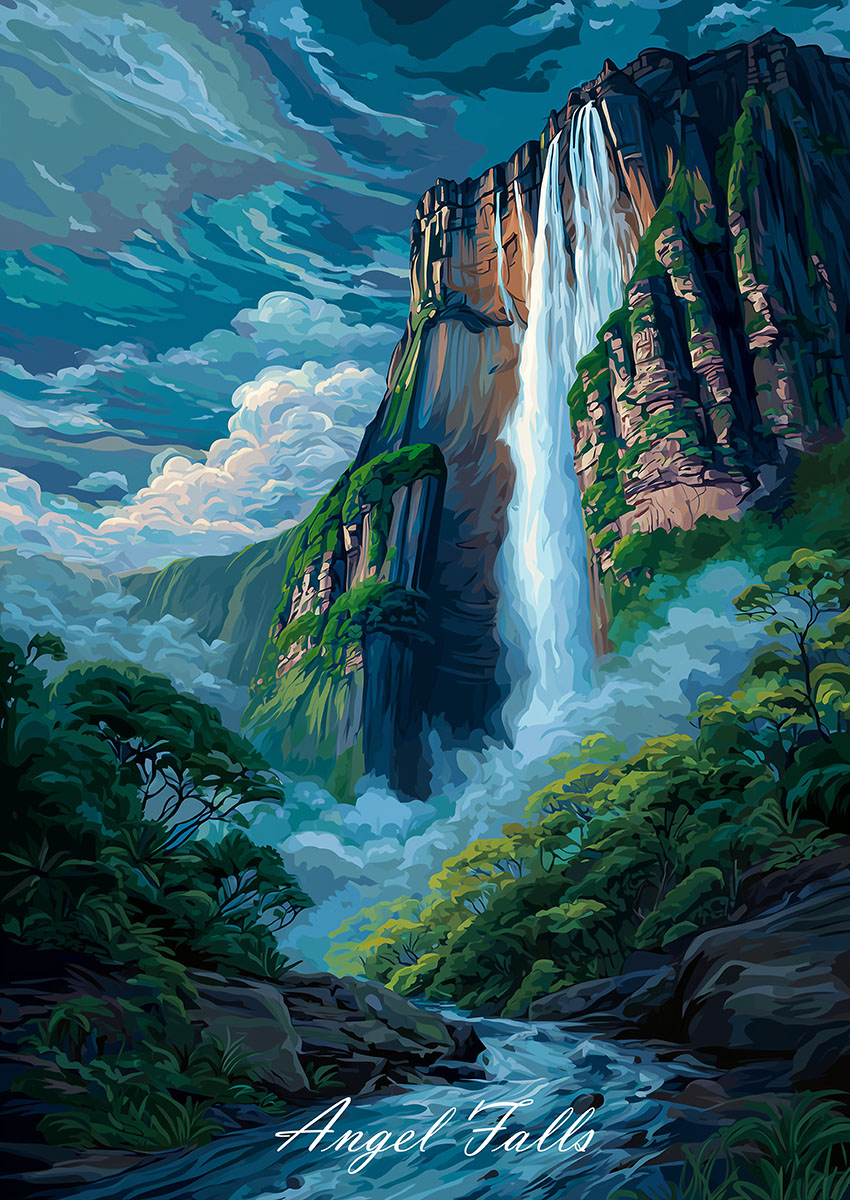 Vibrant artwork of Angel Falls, depicting a waterfall cascading over cliffs surrounded by lush greenery.
